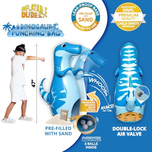 INFLATABLE DUDES Dinosaurs -Kids Punching Bag | Sand-Base | Bop Bag, Pre-filled with Sand, Inflatable Toy, Punching Bag for Kids, Enhanced Bounce-Back Action, Indoor/Outdoor - color: Blue Raptor | Pre-filled with Sand