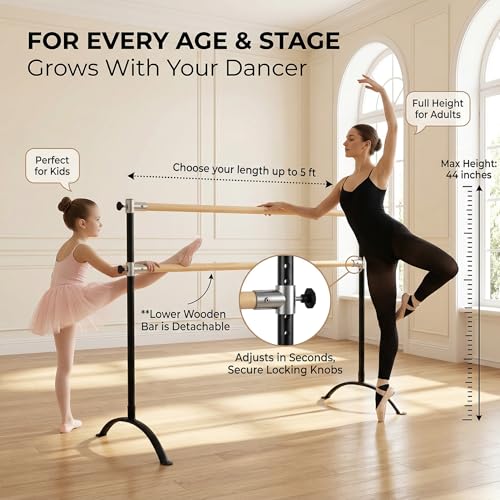 Artan Balance Ballet Barre Portable for Home or Studio, Adjustable Bar for Stretch, Pilates, Dance or Active Workouts, Single or Double, Kids and Adults (Curved Leg Double Bar 4 FT)