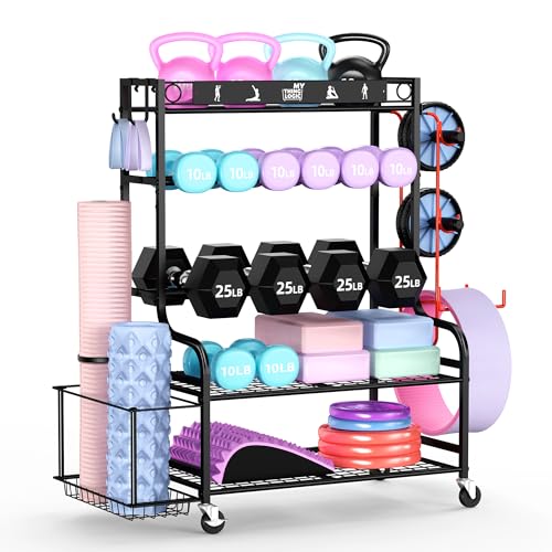 Mythinglogic Home Gym Storage Rack with Wheels for Dumbbells and Yoga Mats | Versatile storage with shelves, hooks and side holders for kettlebells, foam rollers, bands, weight plates and gym gear - color: New Black
