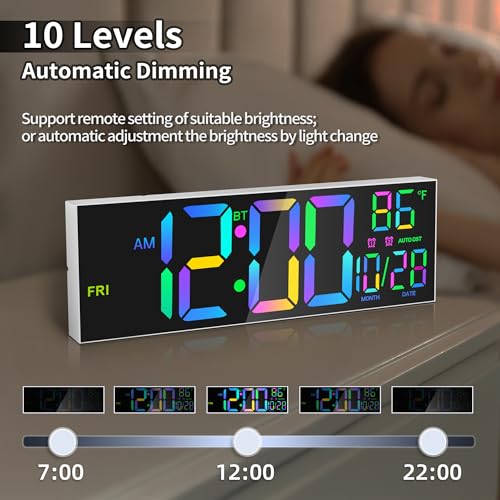 16.5" Digital Wall Clock with Bluetooth Auto-Sync, Large LED Display, Smart Auto Dimming, DST, Remote Control, Night Light, Date & Temperature for Living Room, Gym, Office, White - color: White-multicolor