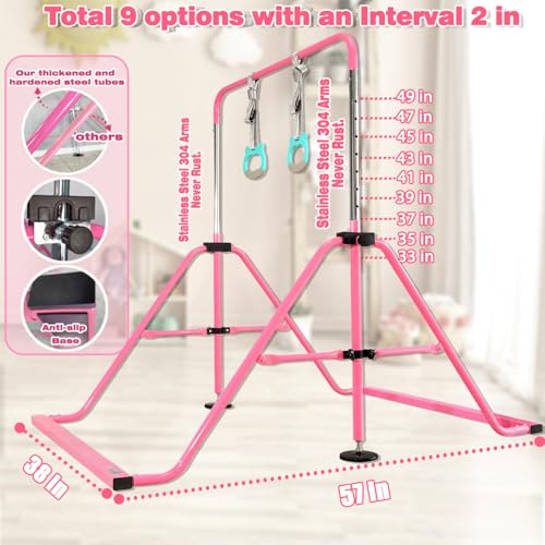 Folding Gymnastics Bar with Rings, Foldable Kip Bar with Sturdier Base, Training Bar for Kids Ages 3-10, Horizontal Bar, Home Gym Equipment for Boy Girl - color: Pink, style: Foldable Bar