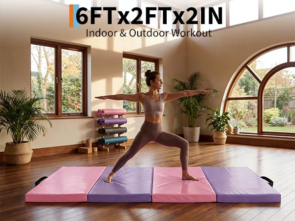 Gymnastics Mat, 6 x 2 Ft Four-Fold 2-Inch thick Tumbling Mat with Vinyl Surface and Carry Handles for Exercise, Yoga, Pilates, Martial Arts & Home Gym