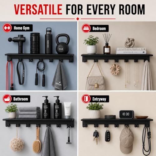 Home Gym Floating Shelf Compatible with Tonal Accessories, Heavy Duty Wall Mount Workout Storage Rack & Organizer Holder with 7 T-Lock Hooks for Smart Handles, Bar and Rope - size: 1-Tier