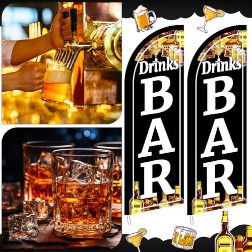 Mindsoft 2 Pack Bar Drinks Feather Flag 8.2 Feet Tall Advertising Swooper Flag Banner Stand Signs with Pole and Ground Stake for Outdoor Business Market Store - style: Bar Drinks