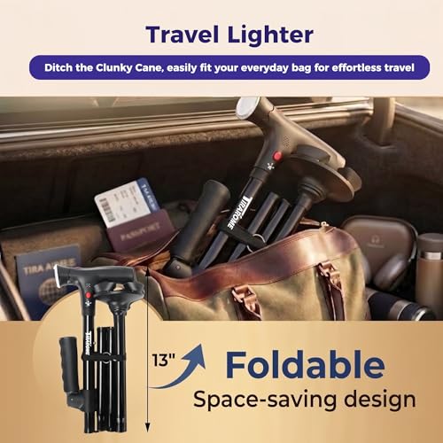 Walking Cane for Men & Women, Smart Cane with Alarm & Light | Foldable,Free Standing, All Terrain, Collapsible, Second Handle, Adjustable, Travel Bag, Seniors & Adults - size: 31-34.5" Cane ( Fit 5'0" - 5'7" )