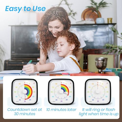 Yunbaoit Rainbow Visual Timer for Kids, 60-min Countdown Timer, Black | Protective Case, No Ticking, Mute and Ringing Alarm Available, Time Management Tool, Low Power Reminder, for Study,Game,Work - color: Black Rainbow