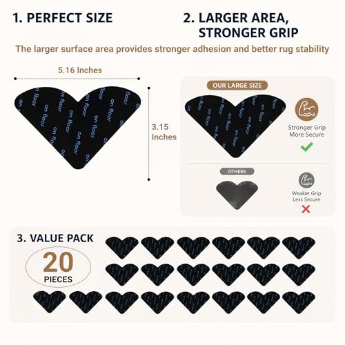 20 PCS Non Slip Pads for Area Rugs, Reusable Grippers for Rugs on Hardwood Floors, Double-Sided Adhesive Rug Stoppers, Prevent Sliding and Curling, Keep Rug Corners Flat, No Residue - color: Rug on Floor