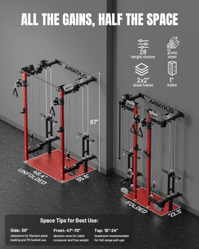 Mikolo Folding Squat Rack, Wall Mounted Power Rack with Cable Crossover Machine & LAT Pull Down, Functional Trainer with 5 Adjustable Function Modes, Home Gym Package - color: Red, size: WR02 Selector (100LB Weight Stack)