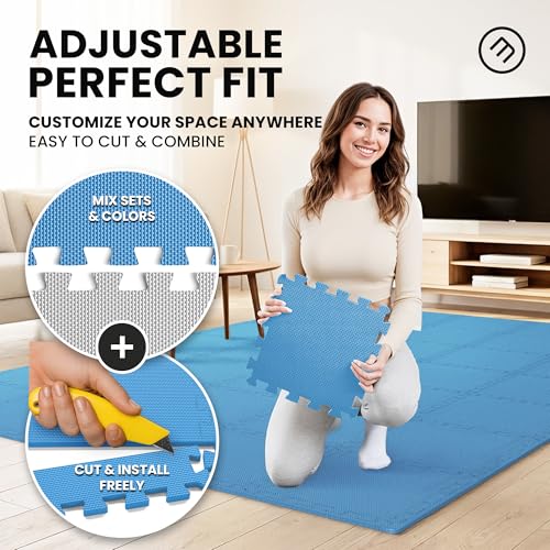 bemaxx Gym Mats Set - 18 pcs EVA Interlocking Foam Floor Tiles (12.6"x12.6"x0.4") 18sqft Protective Gym Flooring Sports Home Workout Exercise Mats Puzzle Garage Fitness Play-Room Pool Treadmill Bike - color: Sky Blue, size: 18 Tiles | 18 sq ft
