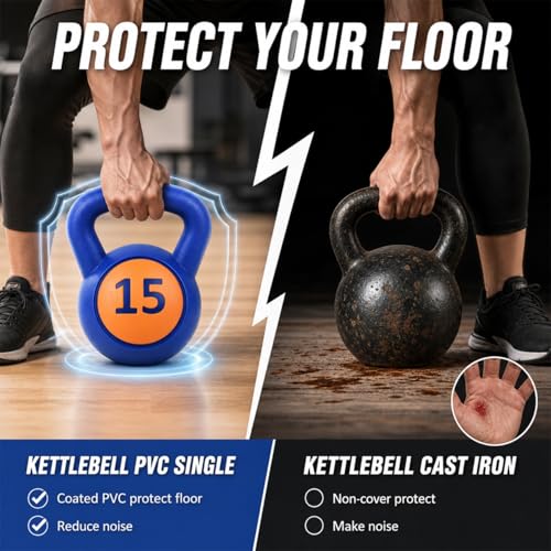 Single Kettlebells, Coated Cast Iron Kettlebell Weights with Wide Grip Handle & Flat Bottom, Strength Training Equipment for Swings, Squats, Deadlifts, Push-Ups & Home Gym Workouts - color: Blue-15 LB