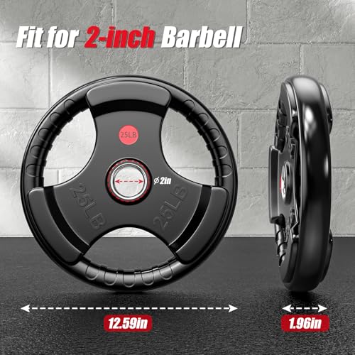 Gikpal Olympic Weight Plates, 2-Inch Three-Grip Rubber Coated Barbell Plates with Steel Hub, Cast Iron Weights for Strength Training & Home Gym, Pair or Sets (2.5–45LB) - style: 2 X 25LBS