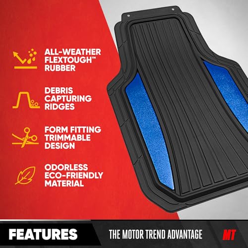 Motor Trend ChromeTech Car Floor Mats Full Set - Durable Rubber Floor Mats for Cars with Two Tone Accent, All Weather Interior Protection for Front and Rear with Non-Slip Backing, Black/Blue - color: Black & Blue