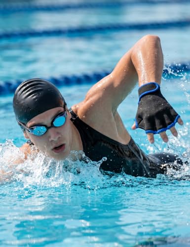 FitsT4 Sports Aqua Gloves Webbed Paddle Swim Gloves Fitness Water Aerobics - color: Black/Blue, size: Large