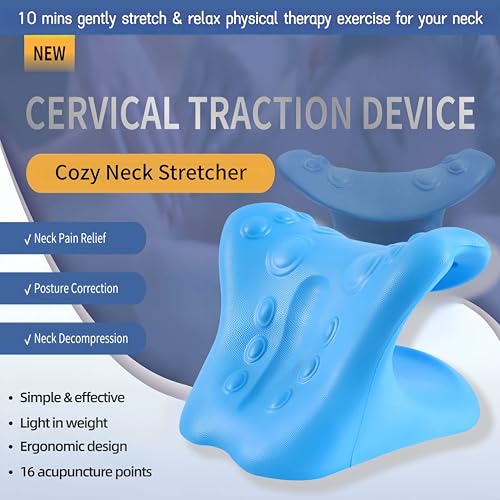 Neck Stretcher Cervical Traction Device | Neck Pain Relief, Hump Neck Cracker, Curve Restorer Corrector, Point Massage Spine Alignment - color: Blue