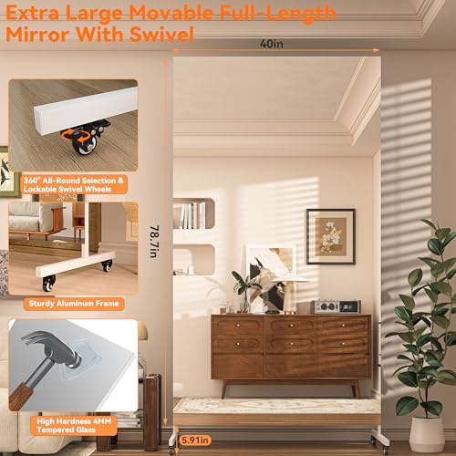 Hasipu 79" x 40" Full Length Floor Mirror on Wheels, White | Tempered glass, sturdy metal frame, smooth rolling casters, removable stand, ideal for gym, bedroom, dance studio & yoga. - color: White, size: 79"L x 40"W