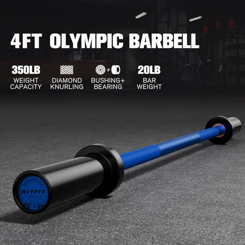 RITFIT Olympic Barbell 4ft/6ft - 2 Inch Weight Bar for Strength Training, Weightlifting, Squat, Deadlift, Bench Press, Curl, Overhead Press - 350lbs/500lbs Capacity - color: Black/Blue, size: 4FT without Collar