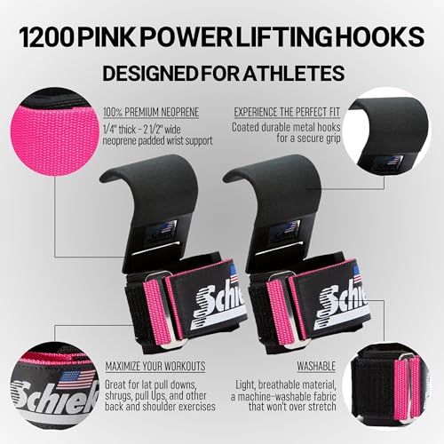 Schiek Sports 1200 Power Lifting Hooks - Maximum Grip Support in Heavy Lifting - Snug Fit - color: Pink