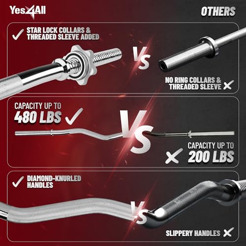 Yes4All Standard Straight Barbell 60" & EZ Curl Bar 47", Capacity 200 to 480 LB, Weight Bar 1" to 2" Diameter - Star Lock Collars, Rubber Ring, Barbell Spins Included for Deadlifts & Squats - color: C. 1" Curl Bar - Chrome, style: B. Curl Bar 1"