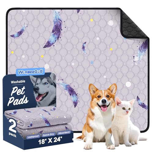 Washable Dog Pee Pads, Non-Slip Waterproof, 18 x 24 in, 2 Pack, Feather | Super absorbent, waterproof and non-slip; washable, reusable dog pads for crates, playpens, floors, furniture and travel - color: Feather Pattern, size: 18"x24"(Pack of 2)