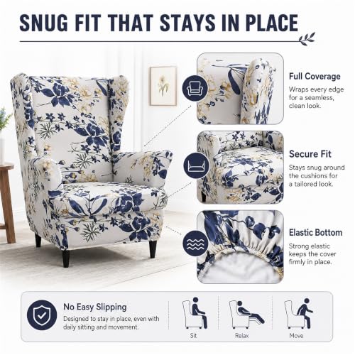 NILUOH Wingback Chair Slipcover, 2-Piece Stretch Wing Chair Cover, Washable Soft Fit Slipcover for Wingback Armchairs, Non-Slip Furniture Protector for Living Room, Flower Field - color: 12
