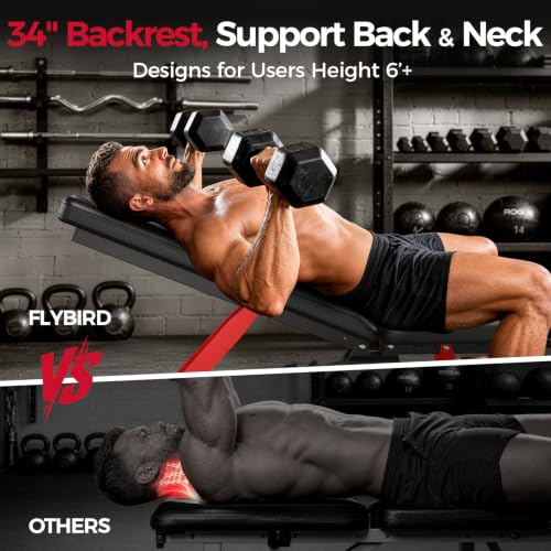 FLYBIRD WB7 Weight Bench, 1300LBS Commercial Adjustable Weight Bench, Workout Bench for Home Gym, Flat Incline Bench Press Heavy Duty Bench with 34'' Extra-Long Backrest and Easy-Roll Wheels - color: Black