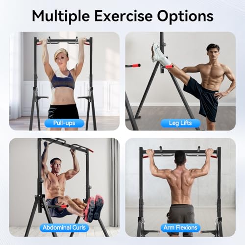 Foldable Pull Up Bar Stand, 440Lbs Free Standing Power Tower with Adjustable Height & Stable Triangular Structure Pull Up Dip Station Gym Strength Training Equipment for Living Room Bedroom Gym Etc