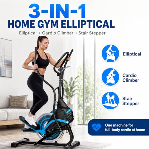 3-in-1 Elliptical Exercise Machine for Home, Cardio Climber & Stair Stepper with 18LB Flywheel, 16-Level Magnetic Resistance, 15.5” Stride, 300LB Capacity, Quiet Compact Trainer