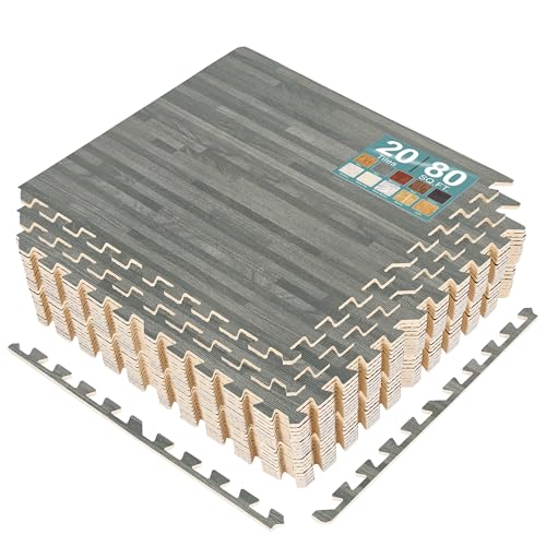 Sorbus 80 Sq. Ft. Wood Grain Floor Tiles Foam Mat EVA Interlocking Mats Tile 3/8-Inch Thick Flooring Wood Puzzle Exercise Mats w/Borders - Home Playroom Basement, Apartment, Trade Show, Baby, Dance - color: Grey, size: 20 Pack