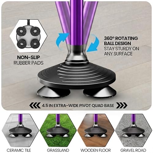 Allay Walking Canes for Men & Women - Adjustable Canes for Women for Stability, Self Standing Wide Quad Pivot Base, Light Weight, Soft Handle Grip and Travel Bag, Walking Sticks for Seniors - color: Purple