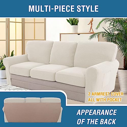 H.VERSAILTEX Multi-Pieces Sofa Covers Stretch Couch Covers Form Fitted Seats and Back Cushions Covers (3 Seat Covers Plus 3 Back Cusion Covers, Bonus 2 Armrest Covers), Ivory - color: Ivory, size: 3 SEAT COVERS + 3 BACK COVERS+ 2 ARMREST COVERS