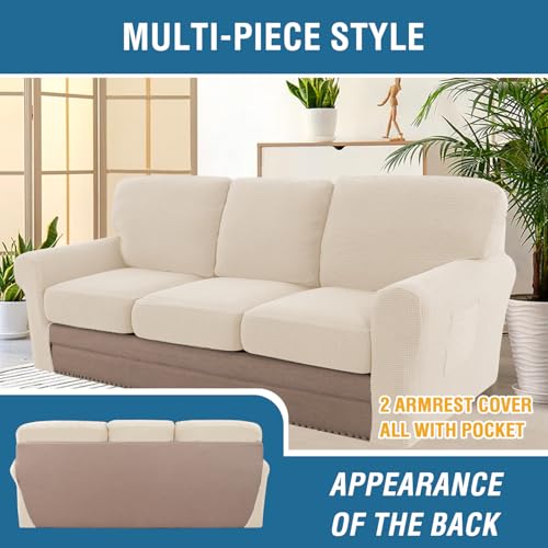 H.VERSAILTEX Multi-Pieces Sofa Covers Stretch Couch Covers Form Fitted Seats and Back Cushions Covers (3 Seat Covers Plus 3 Back Cusion Covers, Bonus 2 Armrest Covers), Cream - color: Cream, size: 3 SEAT COVERS + 3 BACK COVERS+ 2 ARMREST COVERS