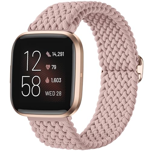 Maledan Compatible with Fitbit Versa 2 Watch Bands for Women Men, Soft Braided Stretchy Breathable Bracelet Replacement Bands for Fitbit Versa 2/Versa/Lite/SE Strap Accessories, Pink - color: 5-Pink