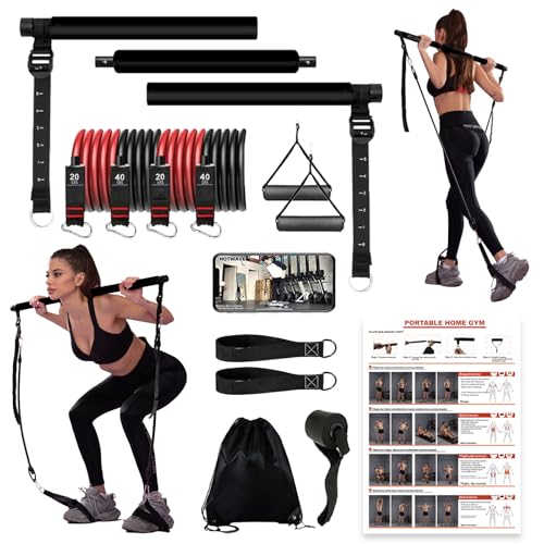 Pilates bar kit Multiple Fitness bar with Resistance Bands, Ab Rollers.Core Strength Training Equipment. Squat Machine for Men and Women.Portable Home Gym Pilates bar kit for Full Body Training Women - style: Basic black