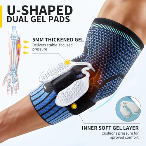 CAMBIVO 2 Pack Tennis Elbow Brace, Dual Gel Pad Compression Sleeve, Black | Adjustable Strap, Targeted Relief for Tendonitis, Golfer‘s Elbow, Breathable Knit, Daily Wear, Non-Slip Fit, for Men Women - color: Blue, size: Medium