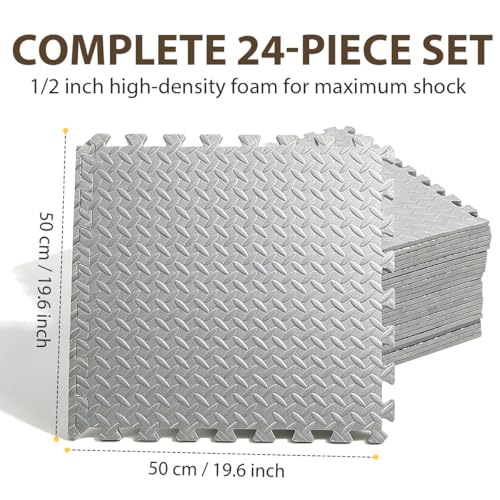 24 Tiles Interlocking EVA Foam Floor Tiles, Puzzle Exercise Mat, Home Gym and Garage Workout Mat, Black, 20 in x 20 in x 0.39 in, 64 Sq Ft (24, Grey) - color: Grey