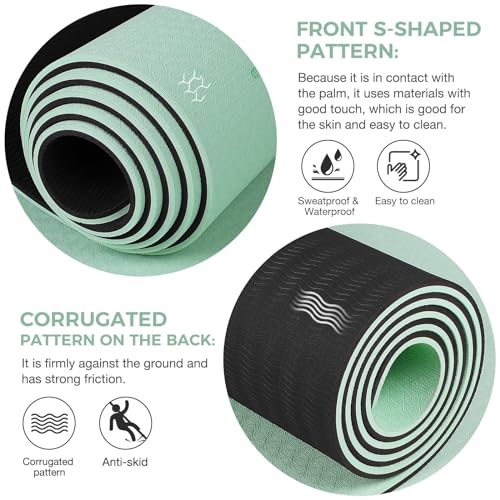 Gruper Yoga Mat Non Slip TPE Extra Wide Yoga Mat with Alignment Mark, 72"L x 32"W x 0.32"/0.24"Th (183cm x 80cm x 8mm/6mm), Anti-Tear Exercise Mat with Carrying Strap and Bag, Workout Mats for Yoga, Pilates - color: Green Black, size: 0.32*32*72 Inches