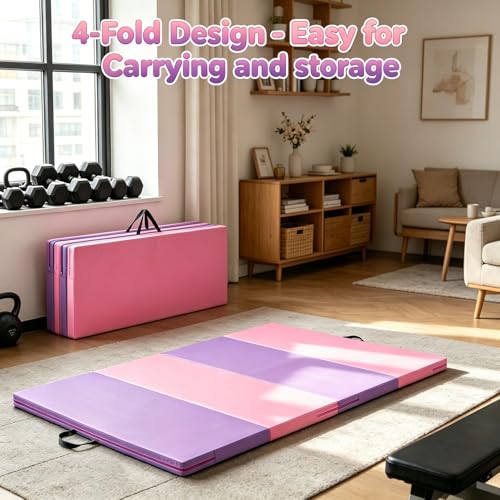 Gymnastics Mat, 3FTx6FT / 4FTx8FT 2" Thick Folding Kids' Gymnastic Tumbling Mat for Home Gym Exercise & Play - color: 3.5x6FT-Pink&Purple