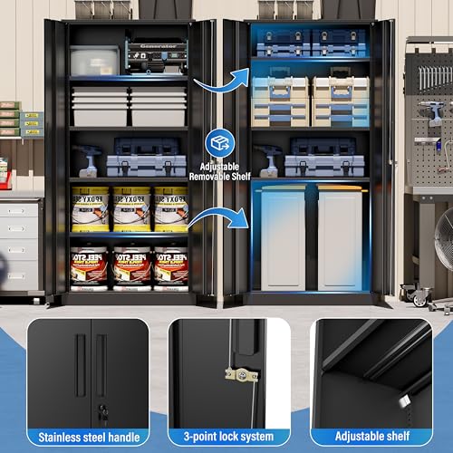 Greenvelly Metal Storage Cabinet, 72" Black Locking Storage Cabinets with Doors and 4 Shelves, Tall Tool Storage Cabinet for Garage, Steel Lockable File Cabinet Metal Locker for Home Office, Classroom - color: Black, size: 71 Inch