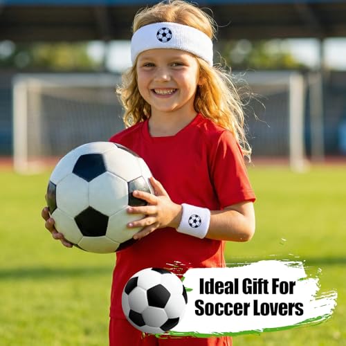 6Pcs Soccer Headband Sweatband Set - 2 Moisture Wicking Terry Cloth Headbands & 4 Athletic Wristbands Sweat Absorbing Sports Accessories for Workout Running Kids Teens