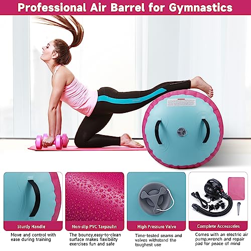 Air Barrel - Air Roller Gymnastics Barrel for Back Handspring Trainer, Air Tumble Mat with Pump for Gym Training/Yoga Balance Exercise/Cheerleading/Home and Outdoor Use - color: Pink+Green, size: 47.2x29.5inch