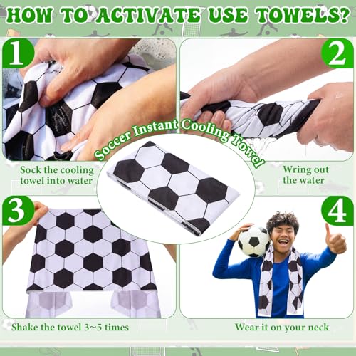 18 Set Soccer Cooling Towels with Plastic Container and Name Card 40"x12" Microfiber Breathable Chilly Ice Towel Sweat Towels Bulk for Neck Players Team Gift Sport Running Party Favors - style: Soccer