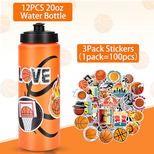 Basketball Party Favors, 12 Pack Basketball Water Bottles with 300 PCS Stickers, 20 oz Sports Squeeze Bottle, BPA-Free Reusable Water Bottles Bulk for Boys, Gifts For Team - style: 2# 12 Pack-Basketball