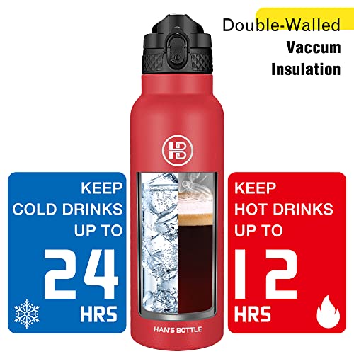 Han's Bottle Sports Water Bottle - 24 Oz, Straw Lid, Leak Proof, Vacuum Insulated Stainless Steel, Double Walled, Thermo Mug,Red - color: Red, size: 24 Ounces