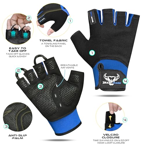 BEAST RAGE Workout Gloves for Men, Durable Palm Grip Gym Gloves Women Half Finger Elasticated Training Weight Lifting Strength Bodybuilding Anti Slip Cycling Gloves Exercise - color: Blue, size: Medium