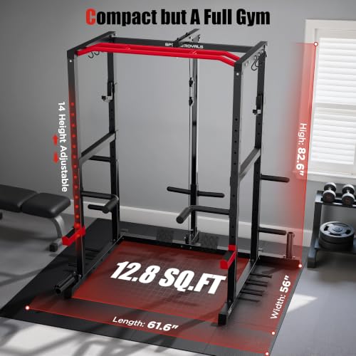 SPORTSROYALS Power Rack, Multi-Functional Power Cage, Squat Rack with Pulley System & LAT Pull Down, Workout Cage with J Hooks for Home Gym - color: Red, style: Power Cage Only