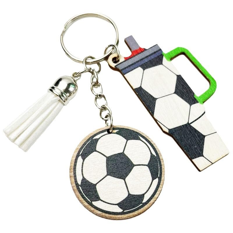 Women's Colorful Sports Ball Keyring Tassel Tumbler Charm Rugby Baseball Soccer Basketball Wooden Keychain Gifts - color: Football