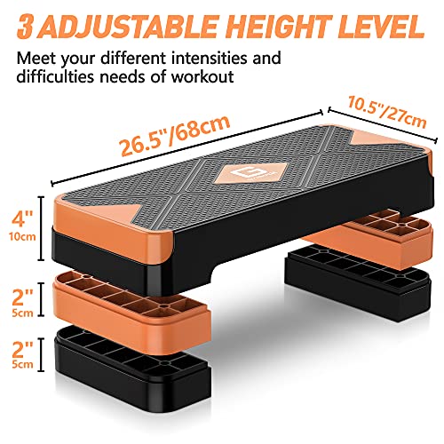 GYMMAGE Aerobic Exercise Step, Adjustable Height, | Aerobic Workout Step Platform for Exercise, 26.5" Step Deck with Adjustable Height, Women Home Gym Cardio Fitness - color: Orange