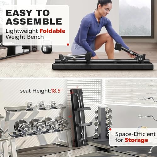 Flat Weight Bench Foldable 1300 LBS Capacity Adjustable Home Gym 5-Level Height Adjustment, 2.5" thick cushion, sturdy T-legs, Commercial-grade Flat Bench, Compact Storage for Home Workouts Man Woman