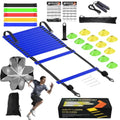 Speed Agility Training Equipment Set, Agility Ladder 20ft, 12 Football Cones, Resistance Parachute/Soccer Kick Trainer, Jump Rope, 5 Resistance Bands, Football Practice Equipment for Kids Adults - color: Blue Ladder Set