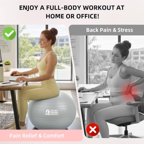 Gruper Exercise Ball, Extra Thick Yoga Ball for Working Out, Yoga & Pregnancy, 4 Sizes Anti-Burst Balance Ball with Foot Pump for Pilates, Physical Therapy & Fitness - color: sliver, size: M(22IN/55cm)